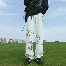 火焰蕾丝美式牛仔裤潮牌宽松白色长裤男女个性高街休闲裤B077-P53，男装牛仔裤，星座1008