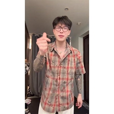 【有货】DCS63-批40斌子同款纯棉短袖男夏季做旧款格子衬衫痞帅，男装T恤，星座603-2