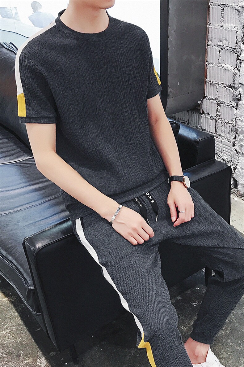 2021新款夏季男士短袖t恤帅气衣服九分裤套装潮流两件DS140TP65,男装T恤,电商A102