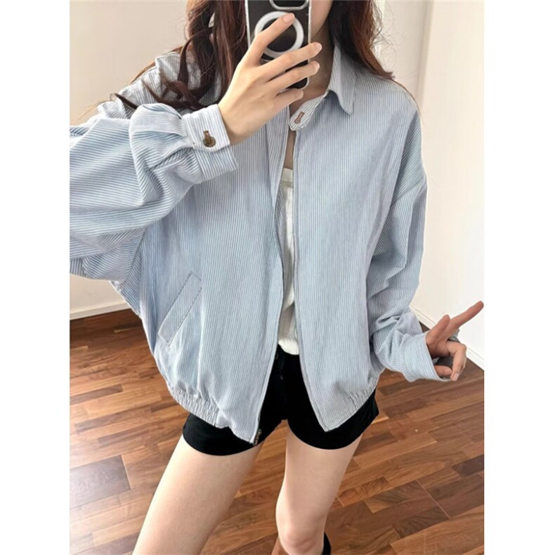 翻领长袖衬衫女春季法式条纹高级感休闲时尚水洗纯棉衬衣J1005,男装衬衫,星座1116A（原606A-3）