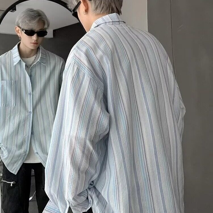 条纹长袖衬衫男士2025春秋季新款潮流复古青少年百搭宽松衬衣,男装衬衫,星座218-1（原230）