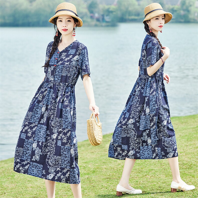 民族风棉麻连衣裙2024新款夏季高端女装大码显瘦减龄中年妈妈裙子图片