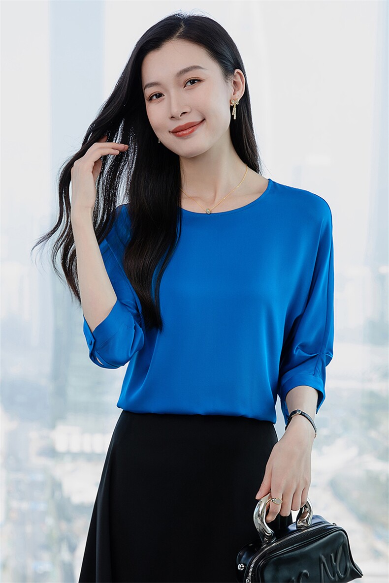真丝上衣女中袖丝绸真丝t恤衫五分袖圆领妈妈宽松大码短袖小衫,女装衬衫,阿舍尔精品