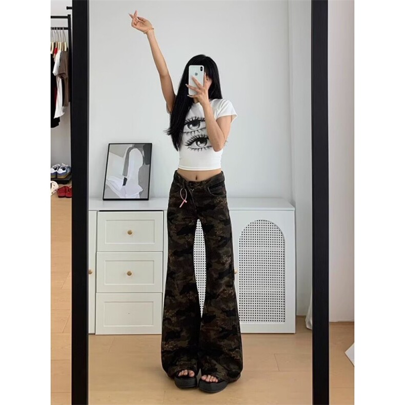 美式复古迷彩工装微喇牛仔裤女喇叭裤拖地裤子KZ144-P45,男装牛仔裤,星座308B-2