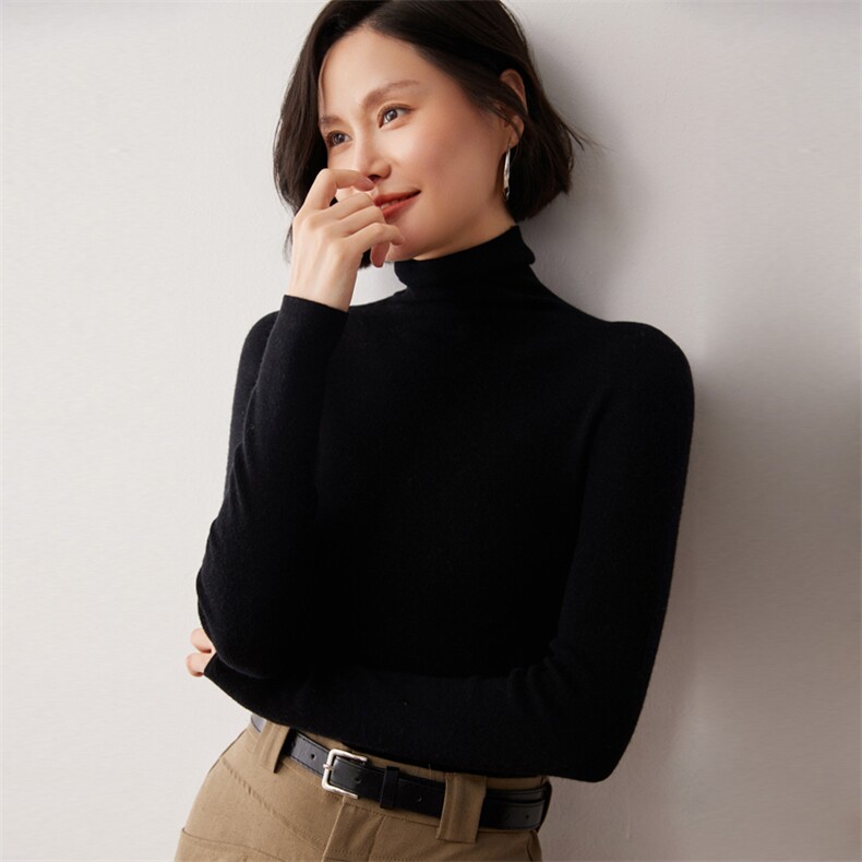秋冬新款洋气时尚百搭显瘦女款精纺一线成衣高领35%羊绒衫图片
