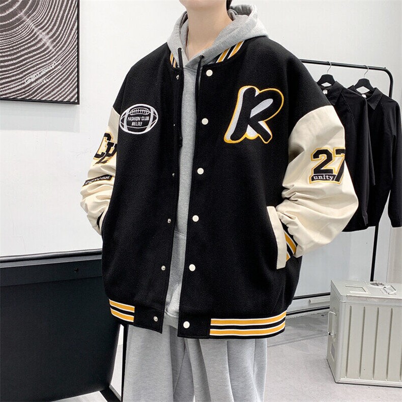得物直播品质棒球服男毛巾刺绣PU皮港风青少年夹克外套JK6618,男装夹克,电商A426-1(原A430-1)