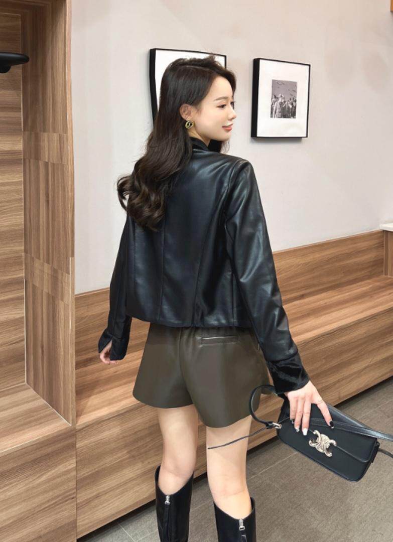 丝绒拼接皮衣，女装皮衣，时代公主