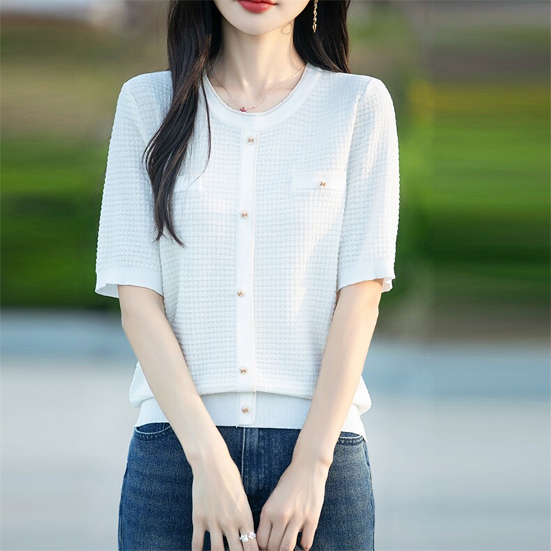 小香风冰丝针织短袖女夏季新款圆领撞色宽松T恤外穿正肩半袖上衣图片