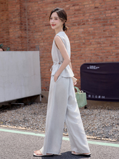 韩系高端无袖马甲套装女2025夏新款时尚休闲洋气亚麻阔腿裤两件套，女装套装/套裙，慕依路