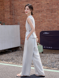 韩系高端无袖马甲套装女2025夏新款时尚休闲洋气亚麻阔腿裤两件套图片
