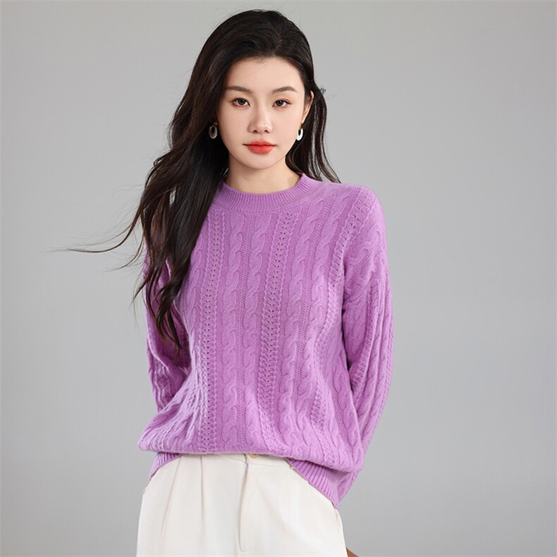 时尚女士秋季新款简约百搭半高领绞花针织衫舒适保暖显瘦毛衣，女装针织衫/毛衣，奢优羊绒