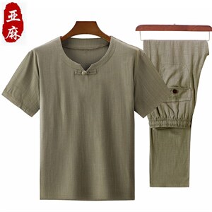 大货新款夏男款中老年风亚麻套装短袖T恤套装棉麻长裤爸爸装,男装中老年男装,钱塘723