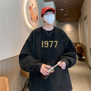 港风供抖音得物高品质直播美式麂皮绒宽松男卫衣W3017P38,酒红色假两件衬衫怎么搭配图片