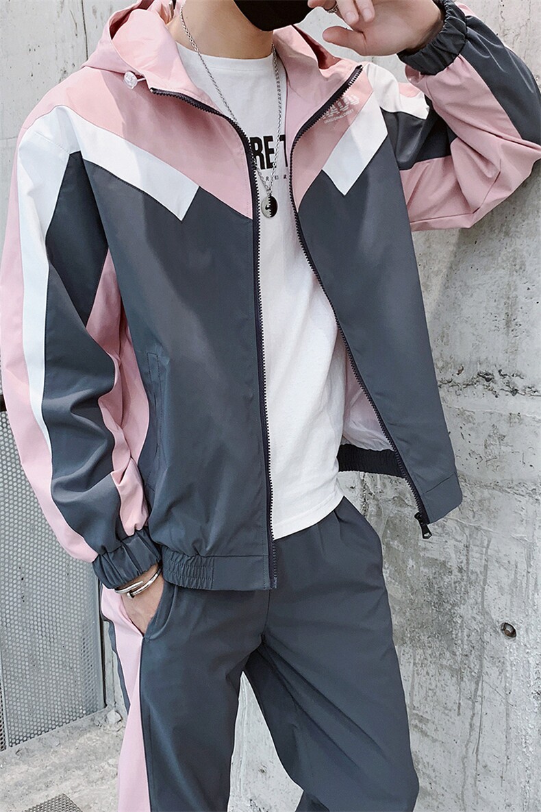 套装男士宽松2021春季新款嘻哈卫衣连帽撞色两件套DS366T,男装卫衣,电商A102