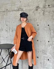 2021秋季新款圆领抽皱式风衣外套连衣裙，女装风衣，微迪菲