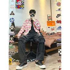 B221美式ins高街暗黑小众撞色破洞直筒牛仔裤LK23109-P65控88，男装牛仔裤，电商B221