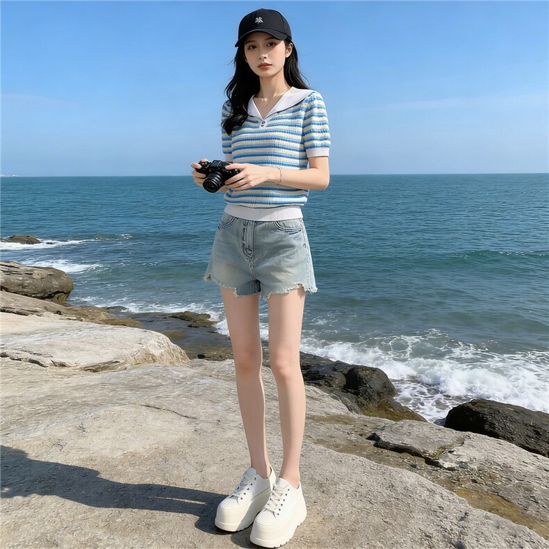 时尚简约套装女夏季新款洋气减龄蓝色翻领条纹上衣牛仔短裤两件套,女装套装/套裙,江南