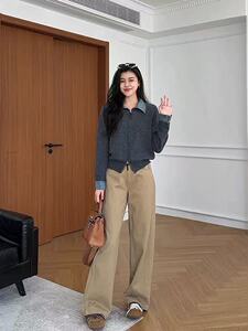 2025年秋季时尚百搭通勤简约休闲牛仔拼接拉链开衫，女装针织衫/毛衣，百纯羊绒