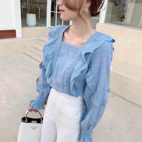 小方领拼花边泡袖亮色上衣，其它，新袖