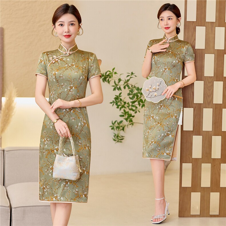 杭州品质真丝中长裙复古印花连衣裙女春夏日常修身潮流真丝旗袍，女装汉服/婚纱/旗袍/礼服，小荷流