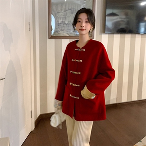 国风新中式女装盘扣纯羊毛呢外套女宽松宋锦刺绣圆领双面羊绒大衣图片