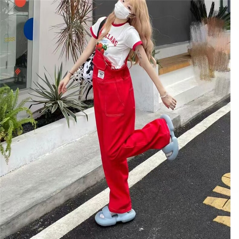 美式复古辣妹红色牛仔背带裤女夏季新款直筒阔腿吊带长裤子ins潮,男装休闲裤,星座1210-1