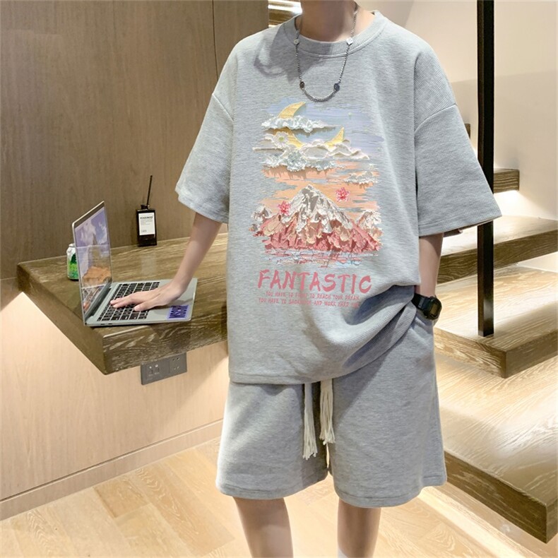 电商DSA028-TZDTHP846P45夏季华夫格套装男T恤短裤两件套港风,男装牛仔裤,电商A028