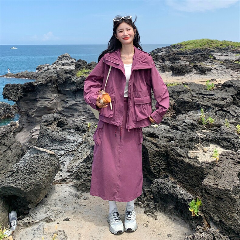 紫色连帽工装风外套半身裙套装女春秋新款韩系休闲小个子两件套潮图片