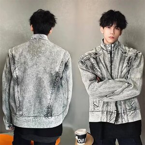 重工拉链牛仔外套男秋宽松水洗做旧痞帅夹克 网图JKN1237-P85有货图片