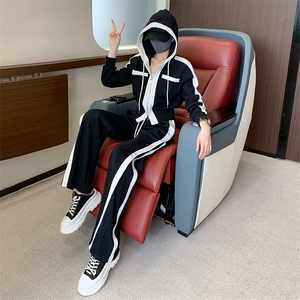 拼接撞色女秋修身开衫连帽外套阔腿裤套装图片