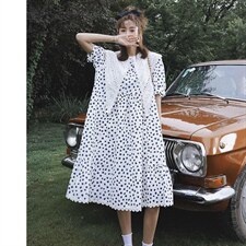 蕾丝领波点连衣裙，女装连衣裙，喜午