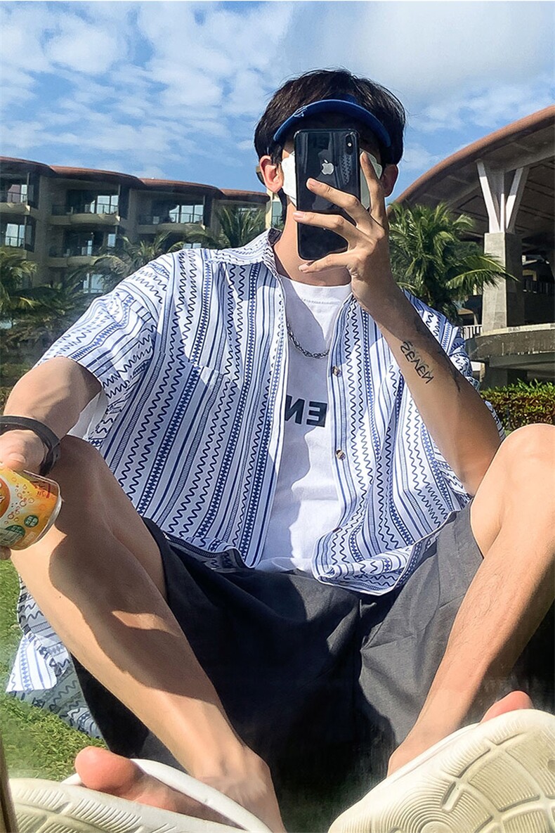 22大货港风短袖衬衫男条纹休闲潮流宽松半袖衬衣P4558,男装T恤,电商B413-1