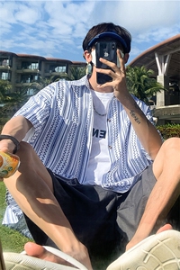 22  大货 港风短袖衬衫男条纹休闲潮流宽松半袖衬衣P4558图片