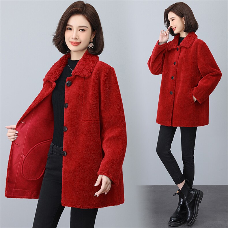 加厚外套女中长款2023秋冬新款时尚翻领单排扣仿皮毛大衣，女装大码女装，奕阳依阁