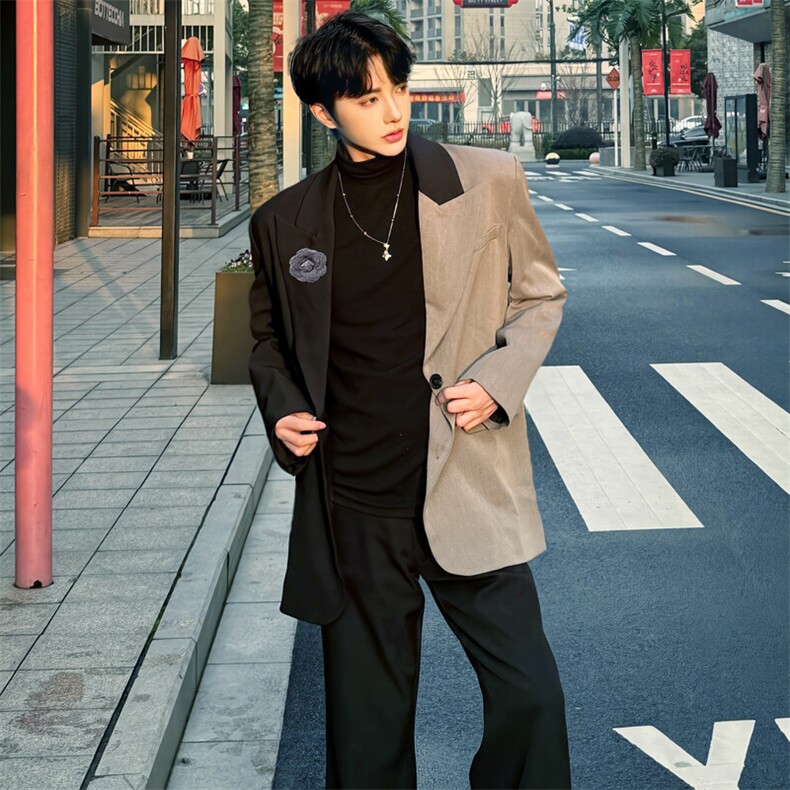 （）小众设计感不规则拼色西装外套垫肩西服5052-P108,男装西服,星座910-5