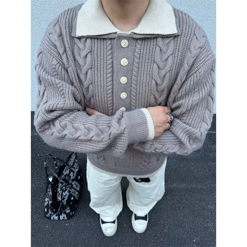 春秋美式潮牌假两件衬衫领毛衣男女重磅宽松休闲百搭情侣针织上衣,男装针织衫/毛衣,星座506A