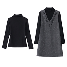 名媛小香风连衣裙两件套女2025春季新款重工钉珠毛呢背带裙打底衫，女装套装/套裙，罗腾