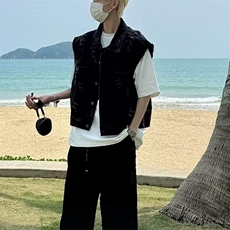 复古水洗磨破猫须短款牛仔马甲无袖男女同款潮流帅气坎肩背心上衣，男装背心/马甲，四季星座505