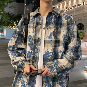 特批P45无差价秋新扎染格子长袖衬衫男美式潮牌翻领衬衣外套C2543图片