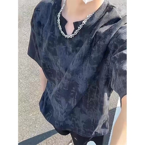 2025新款夏季美式不规则扎染v领上衣潮牌轻奢时尚百搭短袖t恤男士图片