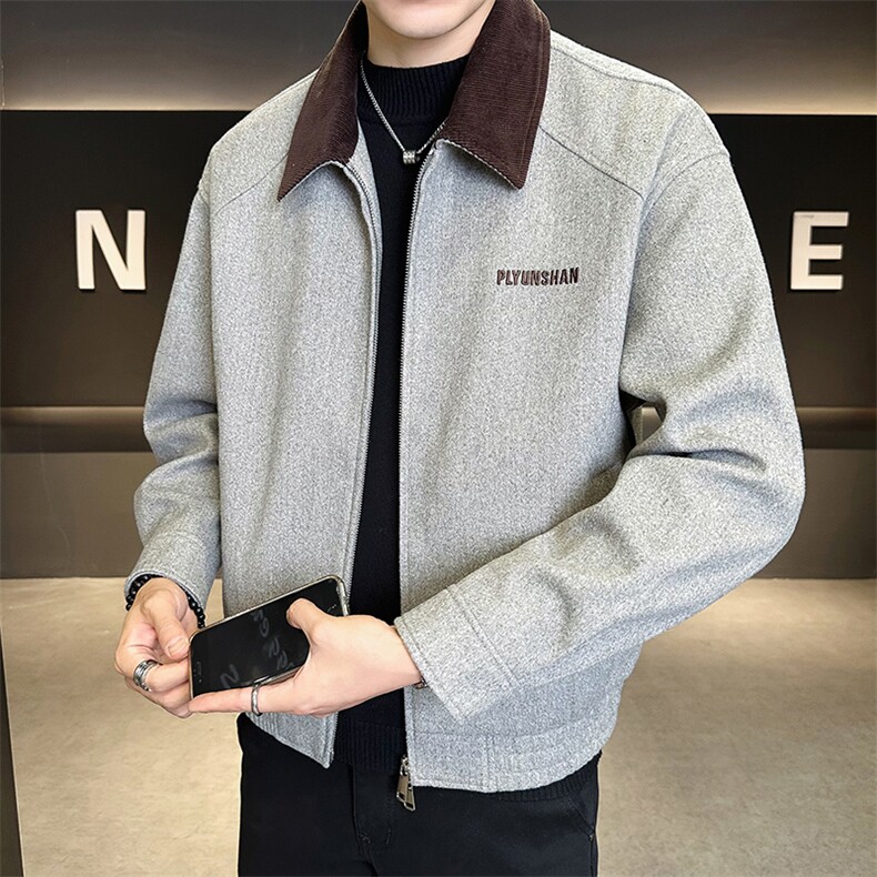 6022-M-2XL-P155店主风秋季男士休闲翻领拼色刺绣毛呢夹克外套男,男装夹克,电商B255