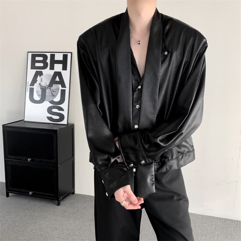 2025春季新款潮牌皮衬衫男士长袖韩版休闲潮流ins衬衣垫肩外套,男装衬衫,星座909
