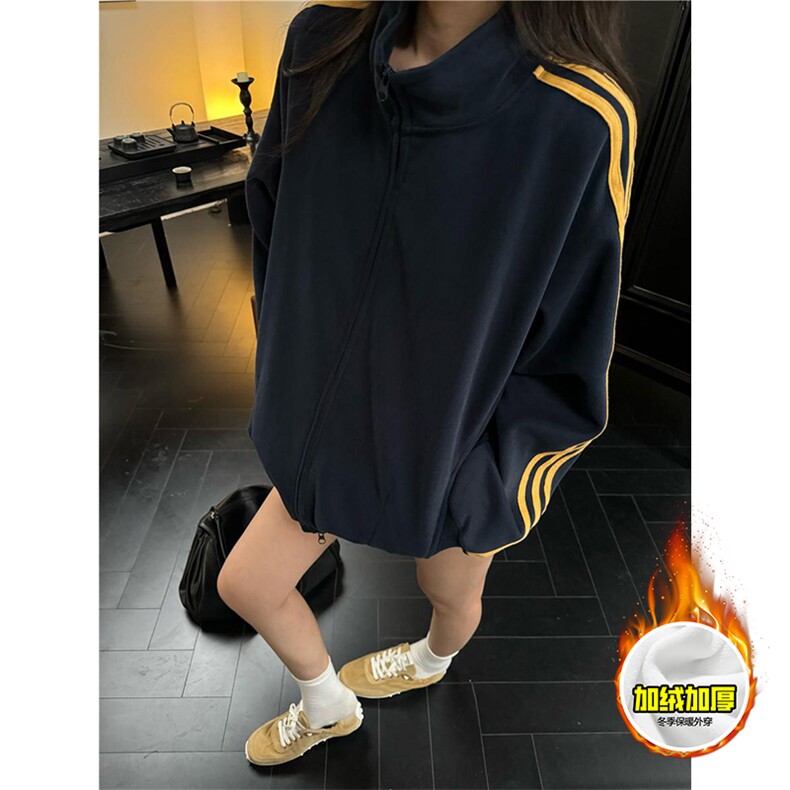 480G重磅加绒硬挺boxy男女秋冬美式高街三条杠立领卫衣开衫厚外套，女装短外套，电商A486-1