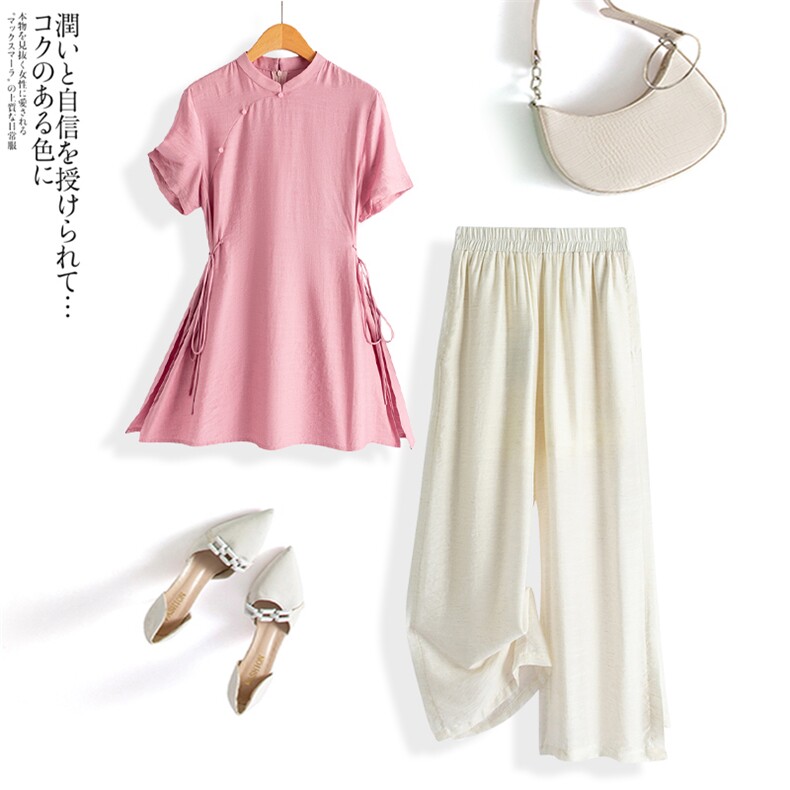 水衣源2745C配吊带三件套简中式系带上衣阔腿裤亚麻套装女夏，女装套装/套裙，水衣源