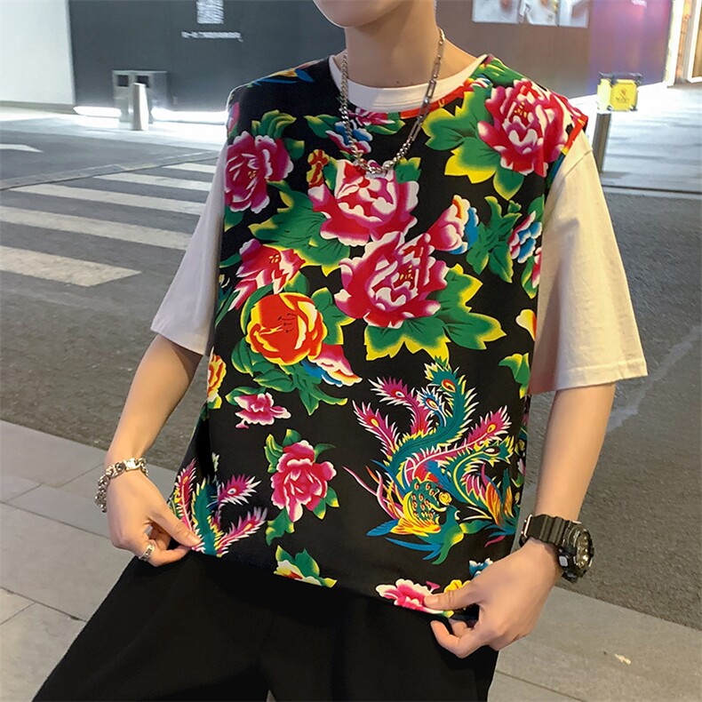 夏季大码东北大花布男背心坎肩运动马甲男装风民族牡丹花MJ01，男装背心/马甲，星座115A(原星座507）