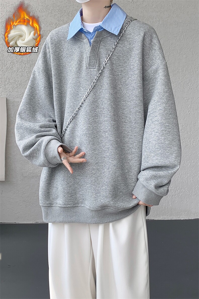 重磅华棉380g假两件Polo领保暖银狐绒卫衣男W5432J加绒-特P45控88,男装棉衣,电商A001
