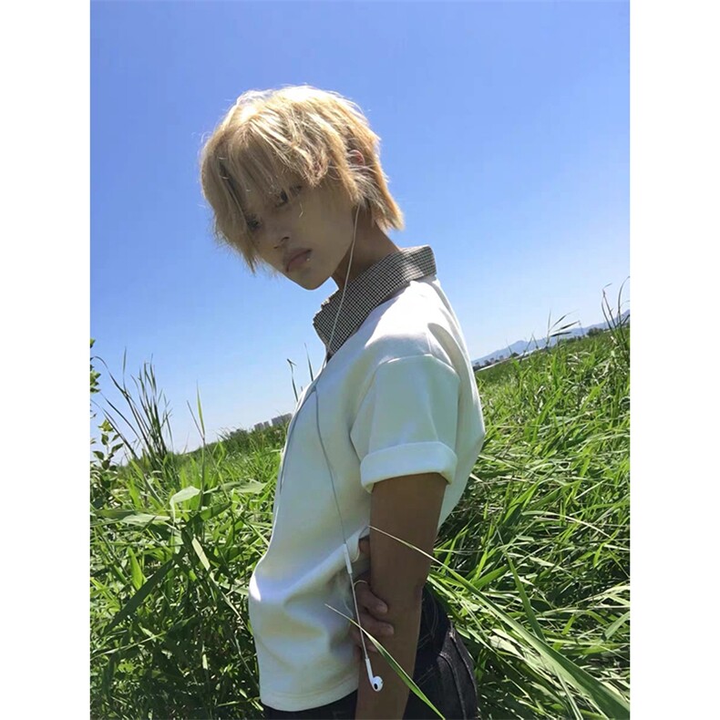 得物抖音高品质二开夏季美式潮牌假两件格子衬衫翻领高街短袖T恤,男装T恤,电商A486