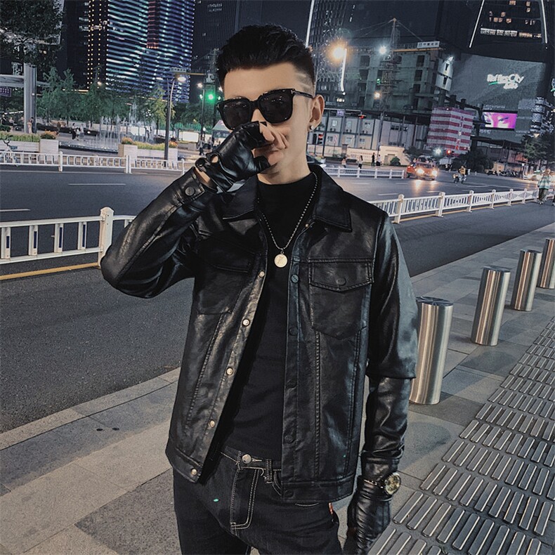 社会小伙韩版休闲修身机车服翻领痞帅水洗皮衣夹克D811-P118控148,男装皮衣,星座308A