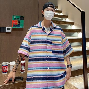 衬衫男短袖夏季新款拼色条纹衬衣宽松潮流痞帅韩版上衣CS116 P48图片