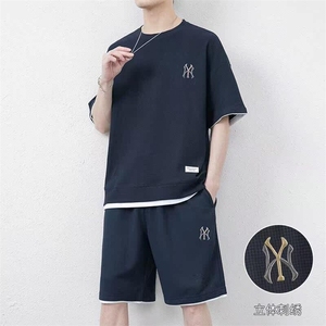 网图7538-P55男夏季短袖短裤家居服薄款宽松休闲华夫格运动套装图片